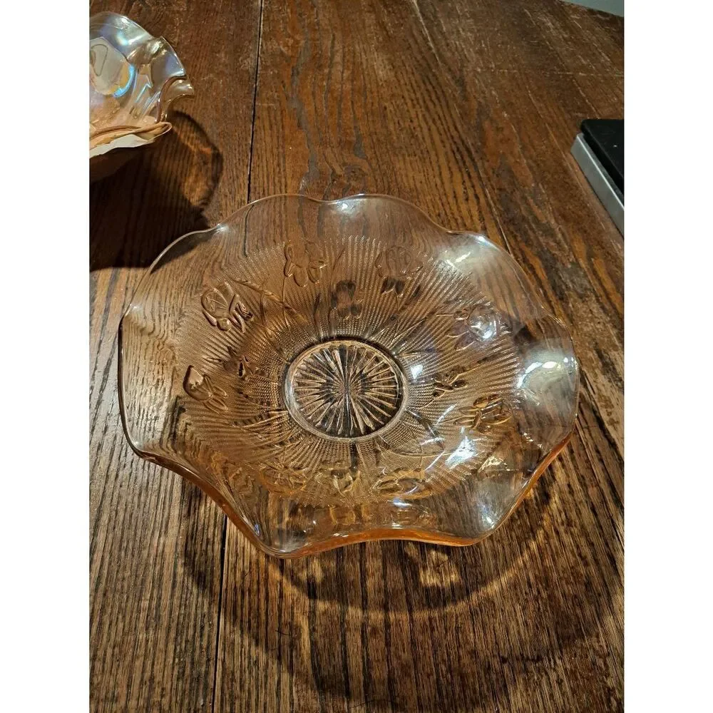 Vintage Jeanette Iris Herringbone Marigold Carnival Glass Ruffled Serving Bowl